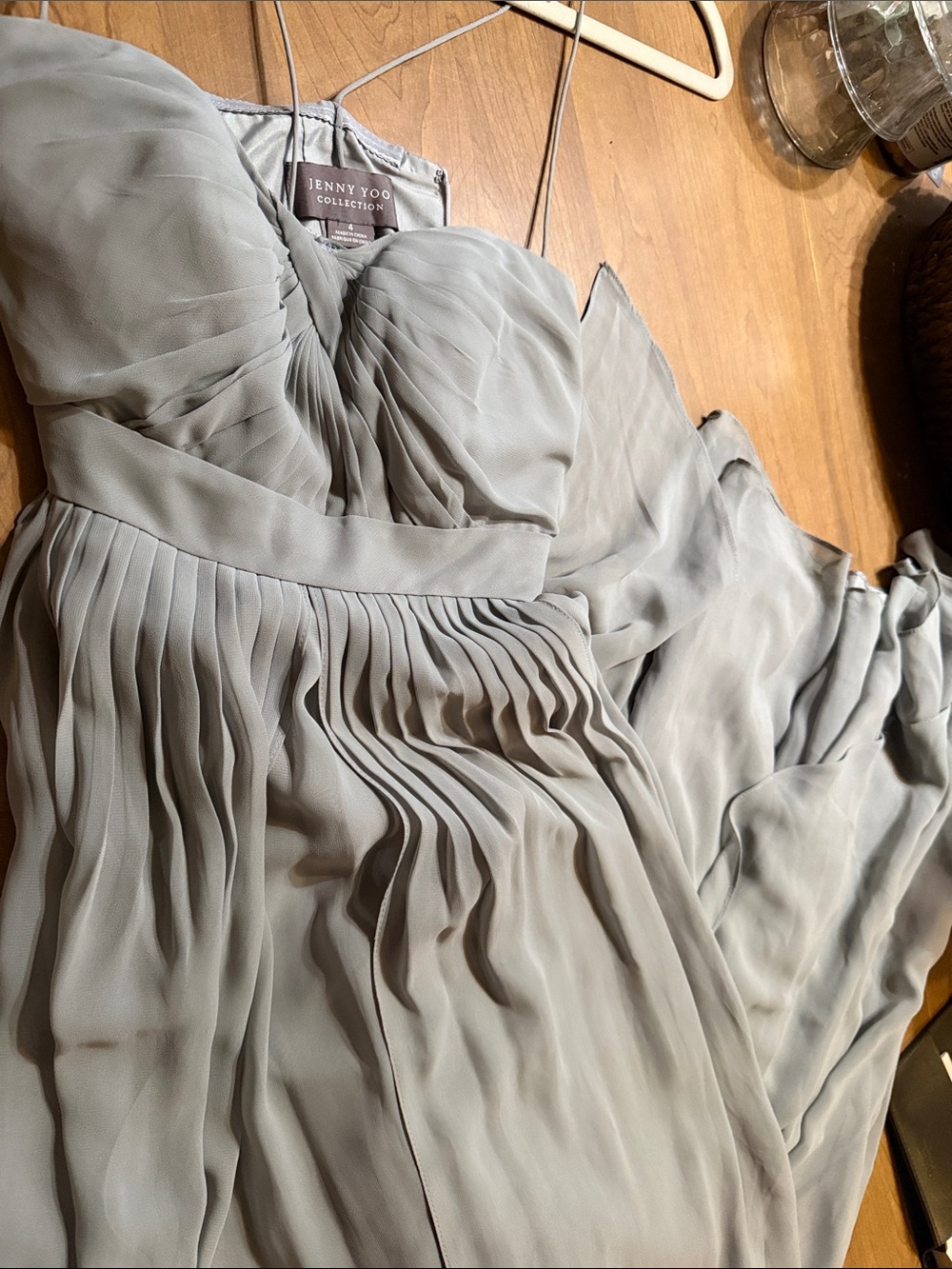 Jenny Yoo Strapless Pleated Chiffon Gown in Light Gray-Silver